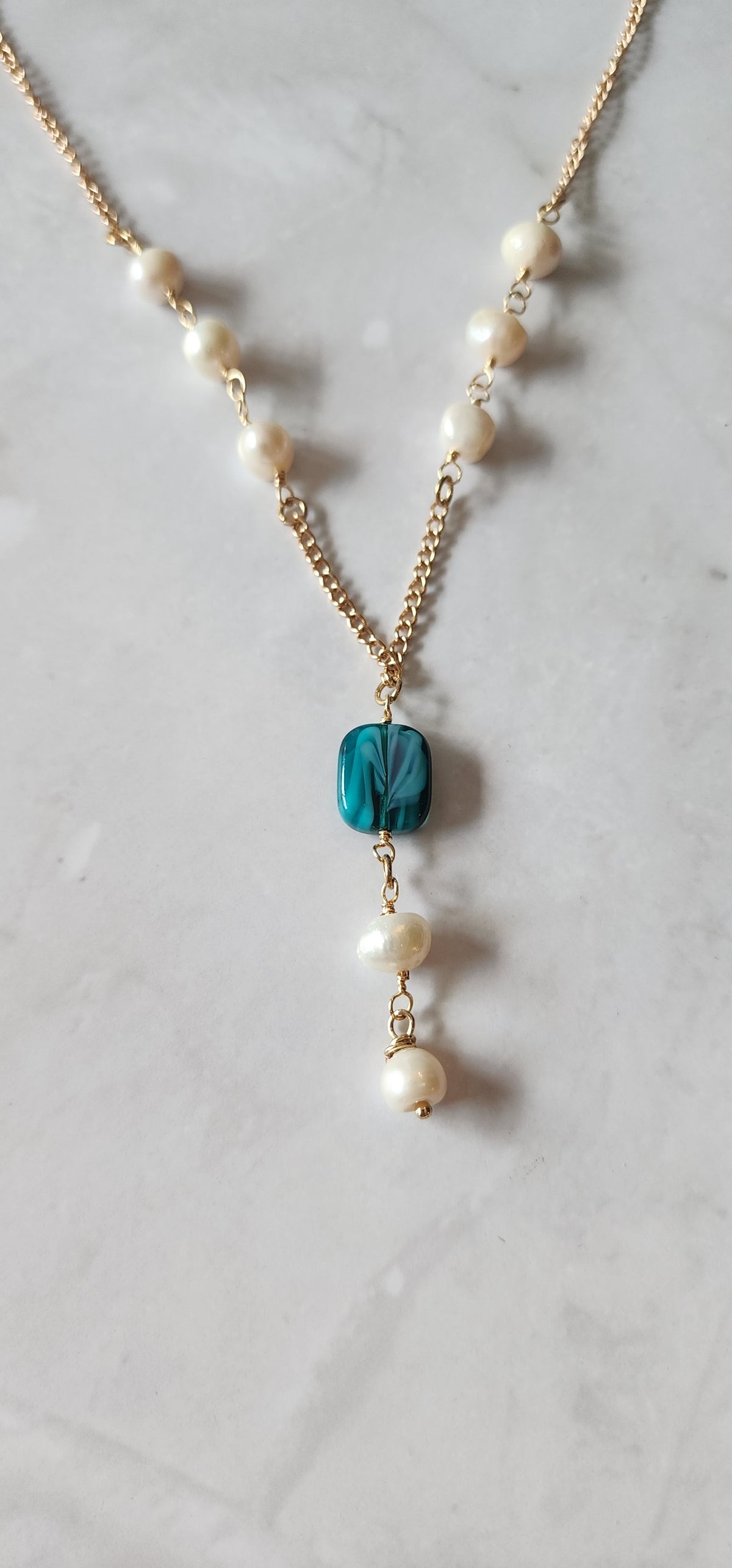 Pearl and Blue Glass Necklace